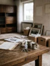 Esstisch in einem geerbten Elternhaus mit Unterlagen, Hausschlüsseln und drei Kaffeetassen, dahinter Umzugskartons und abgehängte Bilder