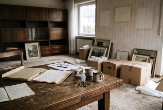 Esstisch in einem geerbten Elternhaus mit Unterlagen, Hausschlüsseln und drei Kaffeetassen, dahinter Umzugskartons und abgehängte Bilder
