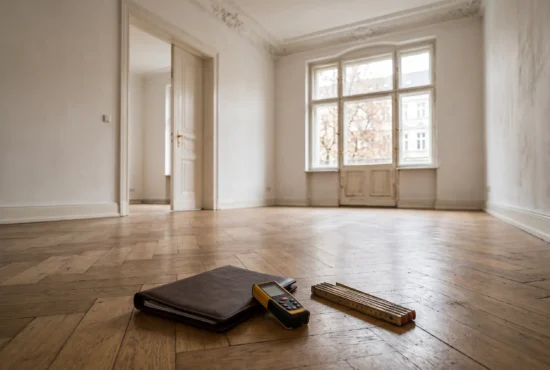 Leere Altbauwohnung mit Fischgrätparkett, davor Lasermessgerät, Zollstock und Mappe für die Ortsbesichtigung eines Gutachters